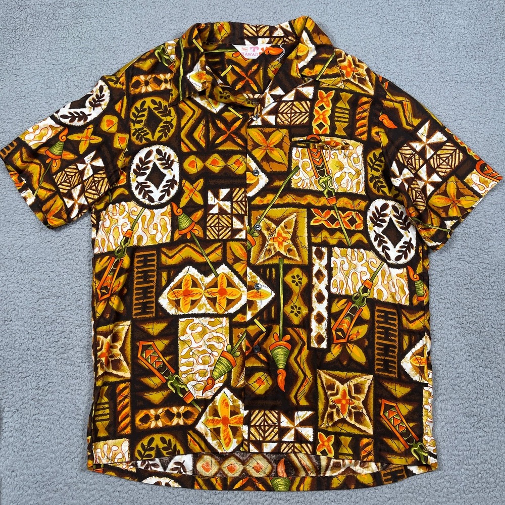 True Vintage Sears Hawaiian Aloha Shirt Men L 60s Tiki Floral Island Loop Collar